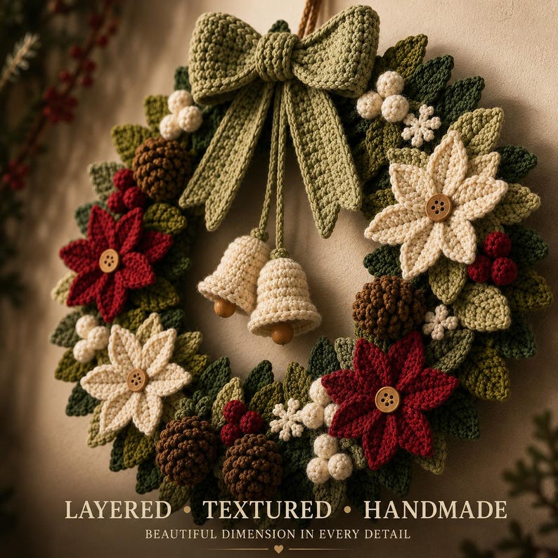Crochet Christmas Wreath Pattern PDF | Christmas Door Wreath Crochet Pattern | Poinsettia Holiday Wreath | Winter Crochet Decor