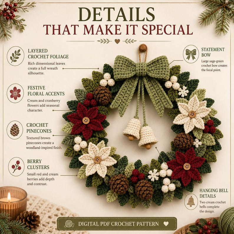 Crochet Christmas Wreath Pattern PDF | Christmas Door Wreath Crochet Pattern | Poinsettia Holiday Wreath | Winter Crochet Decor