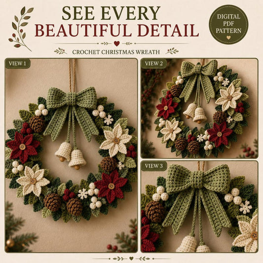 Crochet Christmas Wreath Pattern PDF | Christmas Door Wreath Crochet Pattern | Poinsettia Holiday Wreath | Winter Crochet Decor