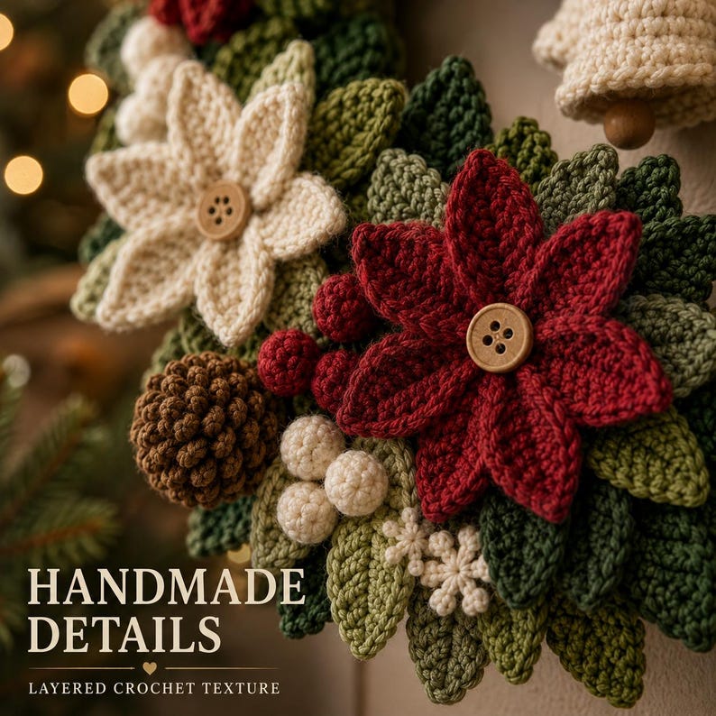 Crochet Christmas Wreath Pattern PDF | Christmas Door Wreath Crochet Pattern | Poinsettia Holiday Wreath | Winter Crochet Decor