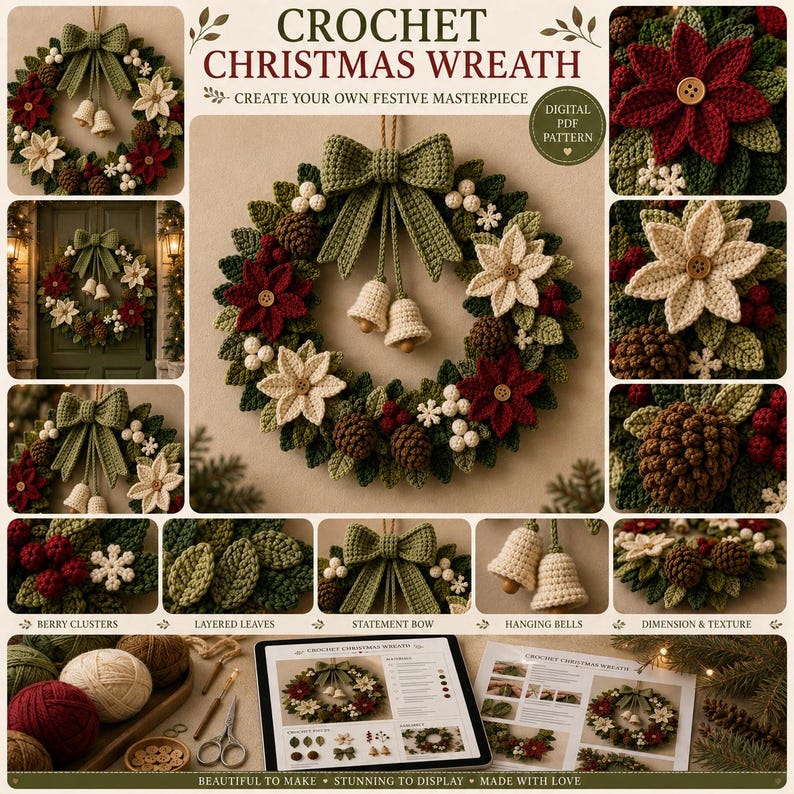 Crochet Christmas Wreath Pattern PDF | Christmas Door Wreath Crochet Pattern | Poinsettia Holiday Wreath | Winter Crochet Decor