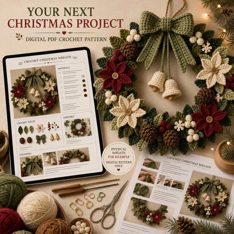 Crochet Christmas Wreath Pattern PDF | Christmas Door Wreath Crochet Pattern | Poinsettia Holiday Wreath | Winter Crochet Decor