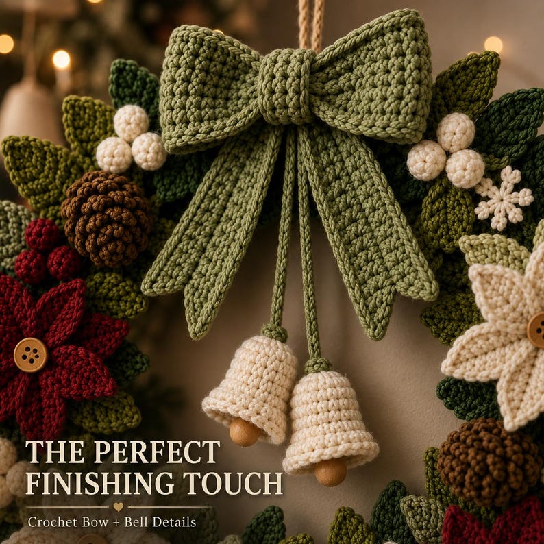 Crochet Christmas Wreath Pattern PDF | Christmas Door Wreath Crochet Pattern | Poinsettia Holiday Wreath | Winter Crochet Decor