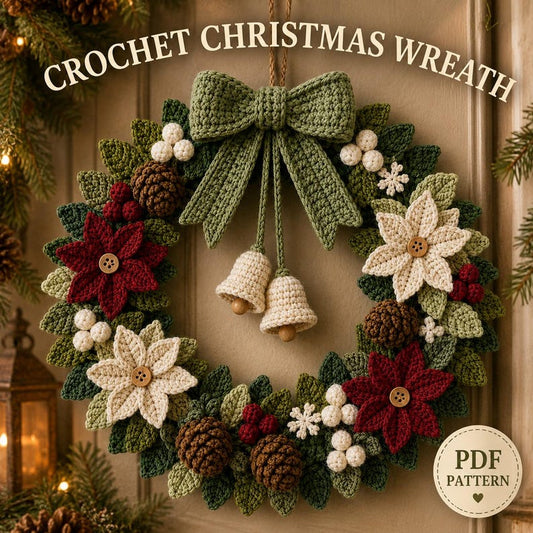 Crochet Christmas Wreath Pattern PDF | Christmas Door Wreath Crochet Pattern | Poinsettia Holiday Wreath | Winter Crochet Decor