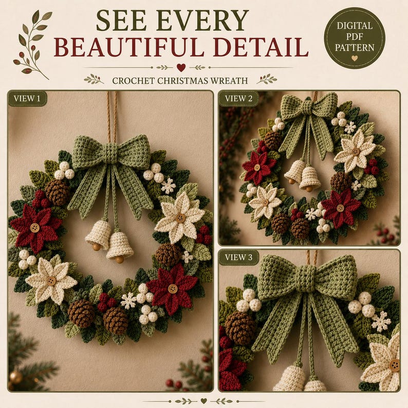 Crochet Christmas Wreath Pattern PDF | Christmas Door Wreath Crochet Pattern | Poinsettia Holiday Wreath | Winter Crochet Decor