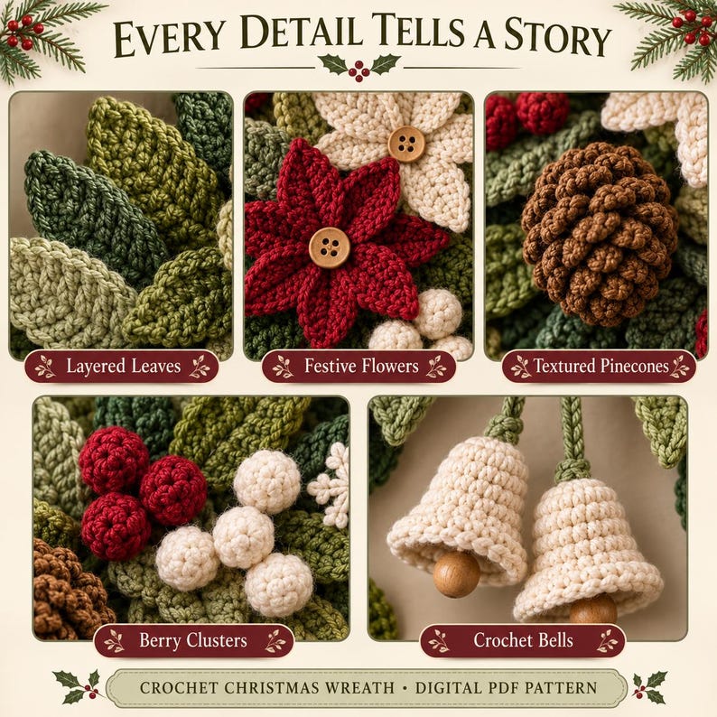 Crochet Christmas Wreath Pattern PDF | Christmas Door Wreath Crochet Pattern | Poinsettia Holiday Wreath | Winter Crochet Decor
