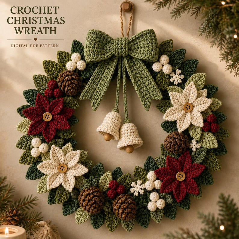 Crochet Christmas Wreath Pattern PDF | Christmas Door Wreath Crochet Pattern | Poinsettia Holiday Wreath | Winter Crochet Decor