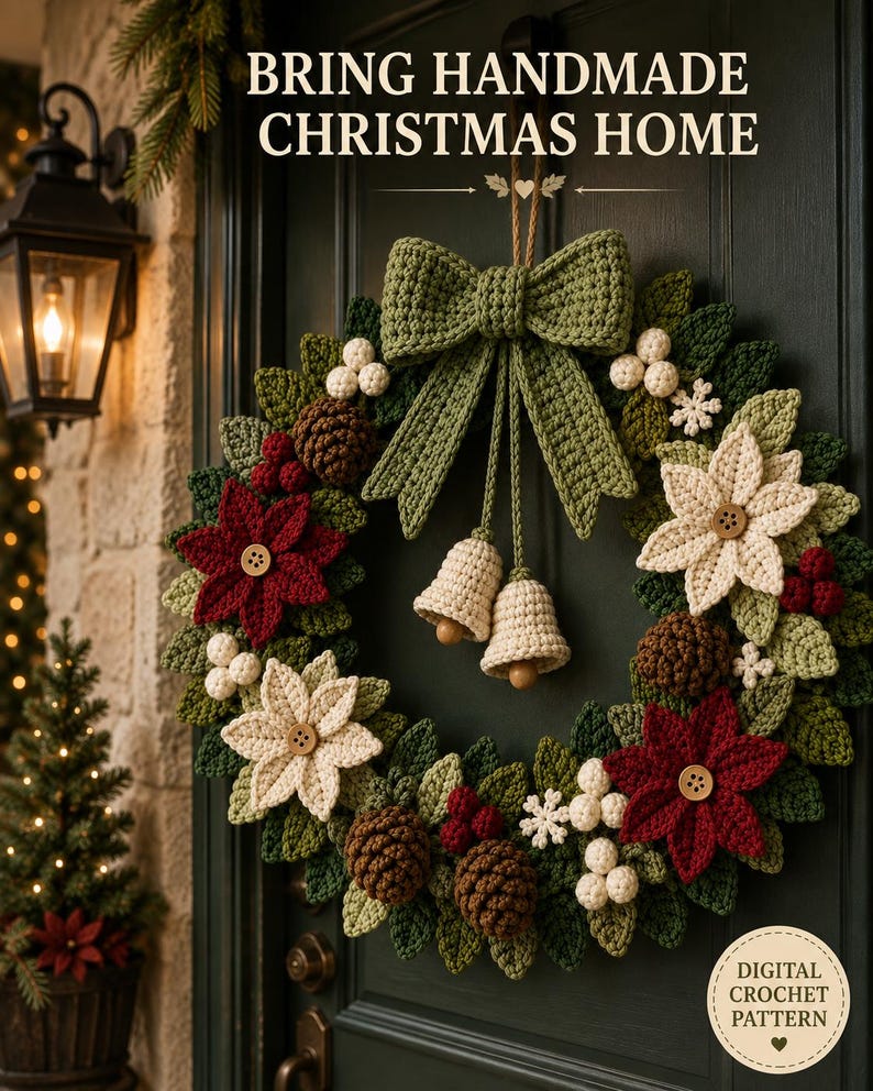 Crochet Christmas Wreath Pattern PDF | Christmas Door Wreath Crochet Pattern | Poinsettia Holiday Wreath | Winter Crochet Decor